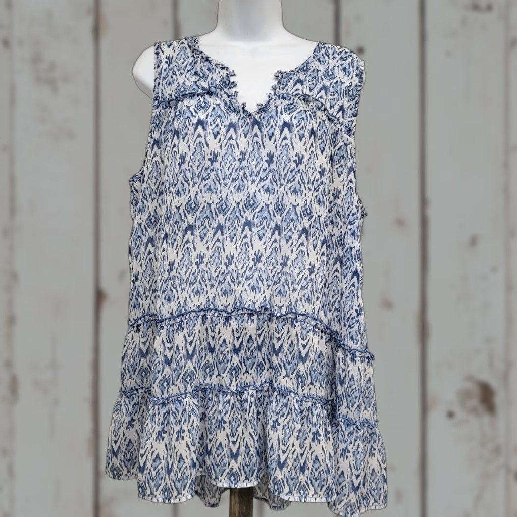 Faded Glory Faded Glory Blouse Tank Top Womens XL Blue Sleeveless Front Layer Ruffle Hem Geometric Casual Lightweight Polyester Chiffon All Seasons Remix Size XL / US 12-14 / IT 48-50 - 1 Thumbnail