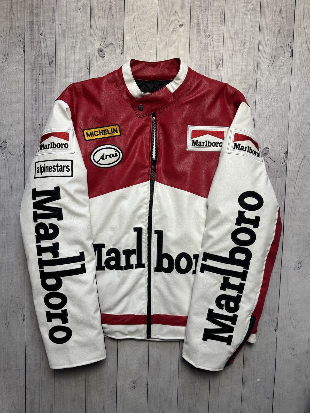 image of Formula Uno x Racing Marlboro Leather Jacket Big Logo Racing Motorcycle F1 Luxury in Red (Size XL)