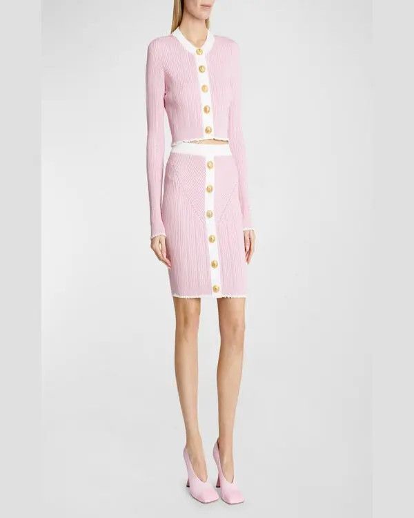 Balmain o1s1wg110825 Buttoned Pointelle Knit Skirt in Pink/White Size 28" / US 6 / IT 42 - 4 Thumbnail