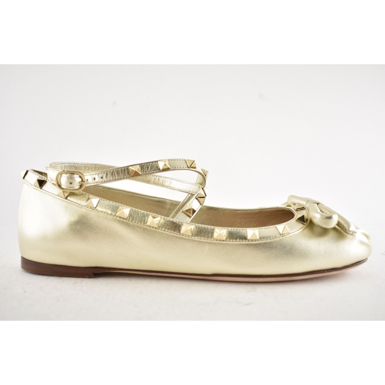 Valentino Valentino Rockstud Platino Gold Stud Ankle Strap Bow Ballet Size US 11 / IT 41 - 2 Thumbnail