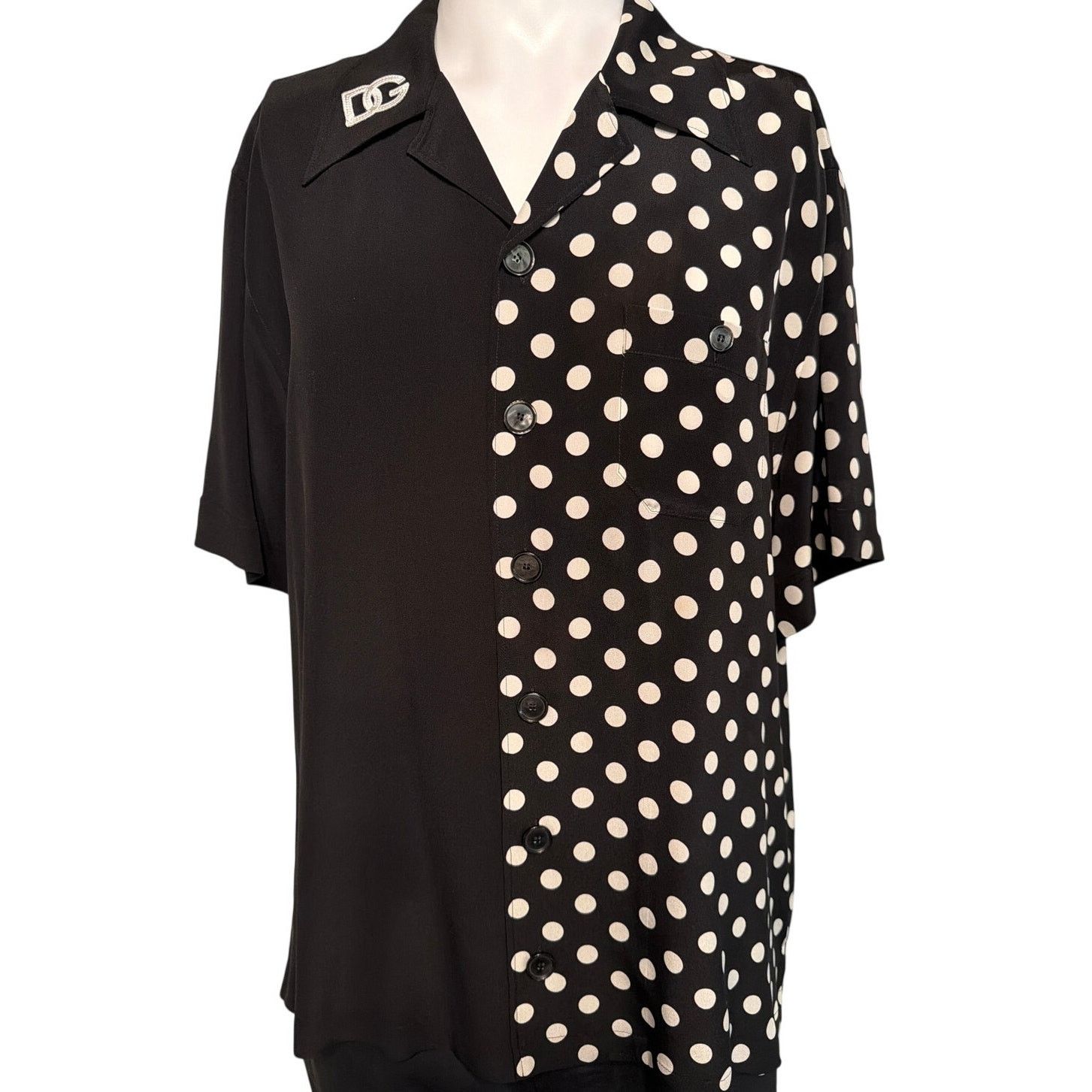 Half Polka Dot Silk Shirt size M Black Embroidered DG logo