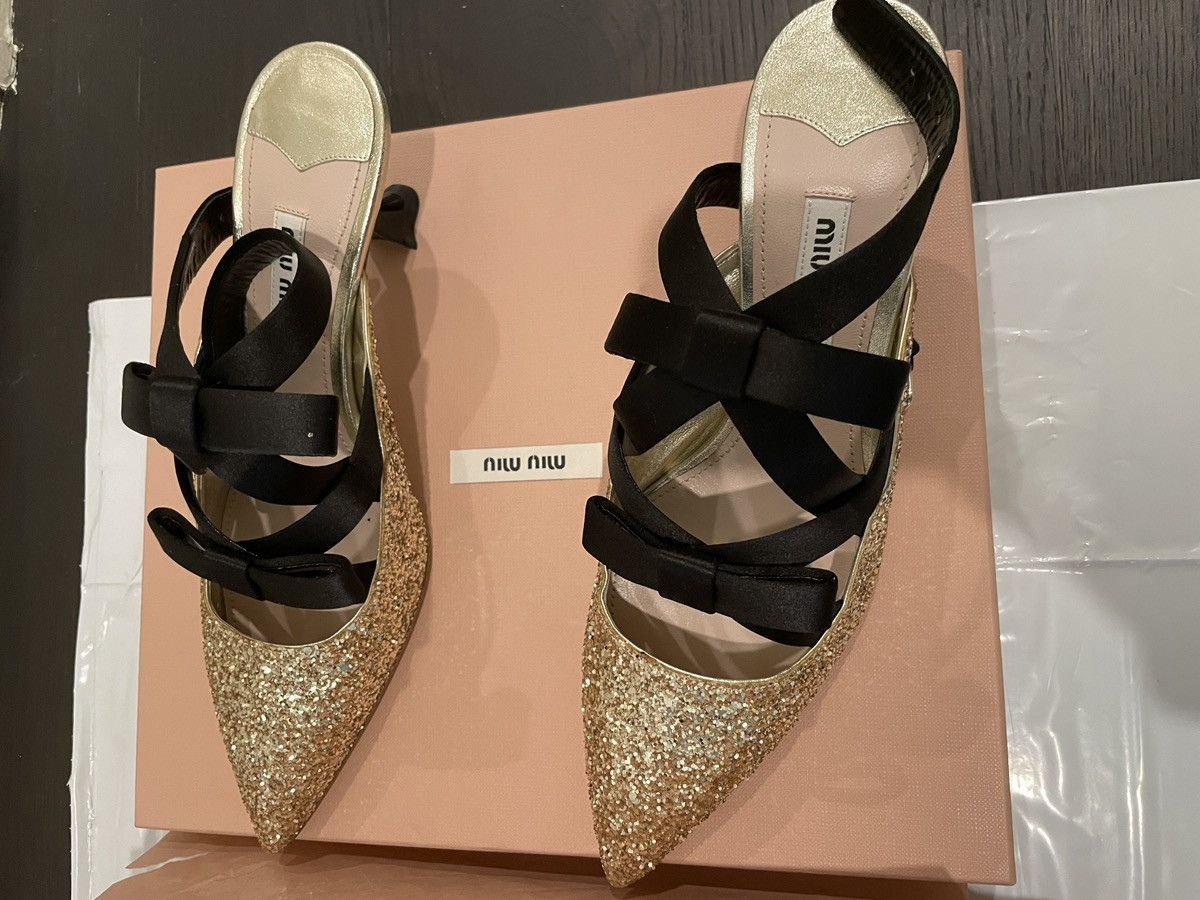 Miu Miu Miu Miu Glitter Slingback Heels with Satin Ribbons – Size 37 Size US 7 / IT 37 - 3 Thumbnail