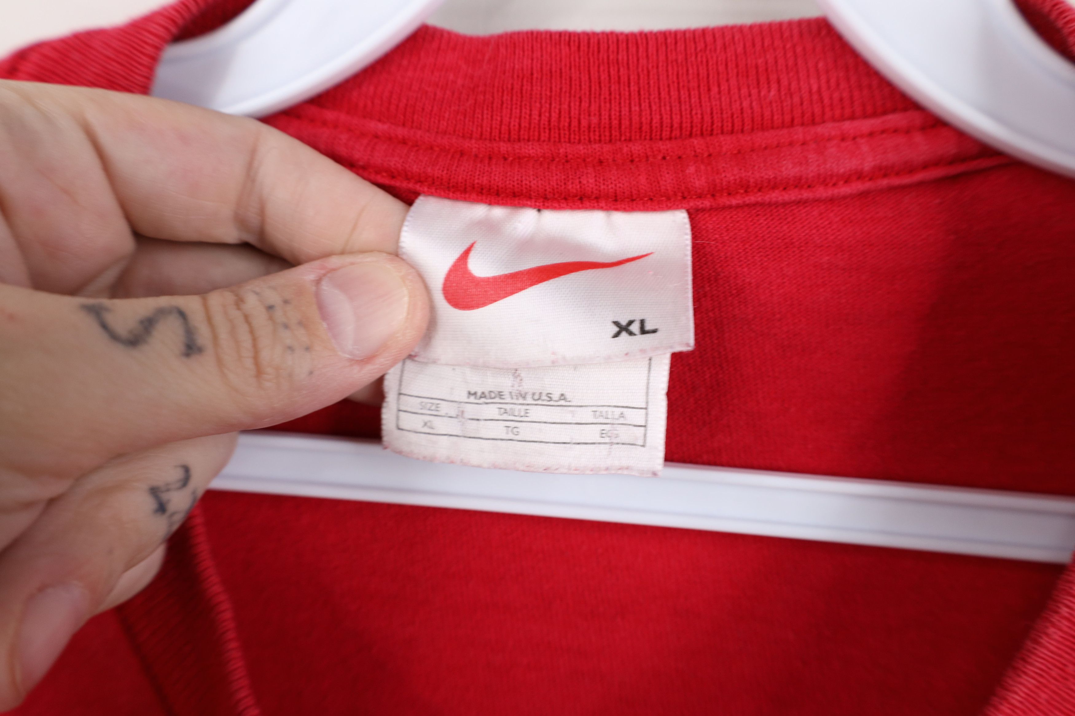 Nike × Vintage Vintage 90s Nike Scott Mini Swoosh T-Shirt Red Cotton USA Size US XL / EU 56 / 4 - 6 Thumbnail