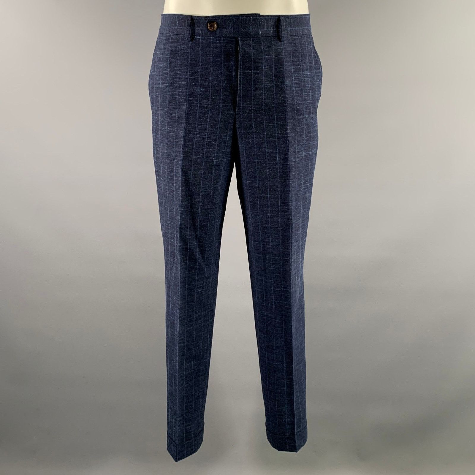 Brunello Cucinelli BRUNELLO CUCINELLI 38 Navy Window Pane Wool Blend Suit Size 38R - 6 Thumbnail