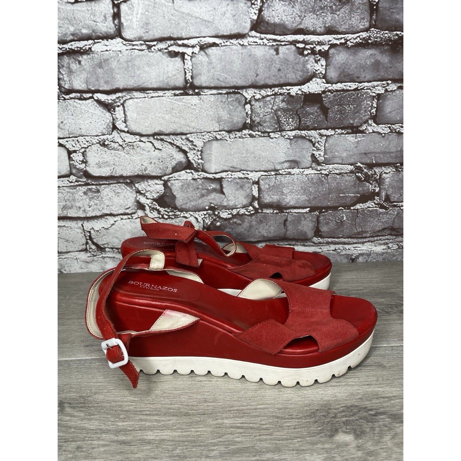 Other Bournazos Athens Red Suede Leather Ankle Strap Wedge Sandals Size US 8.5 / IT 38.5 - 4 Thumbnail