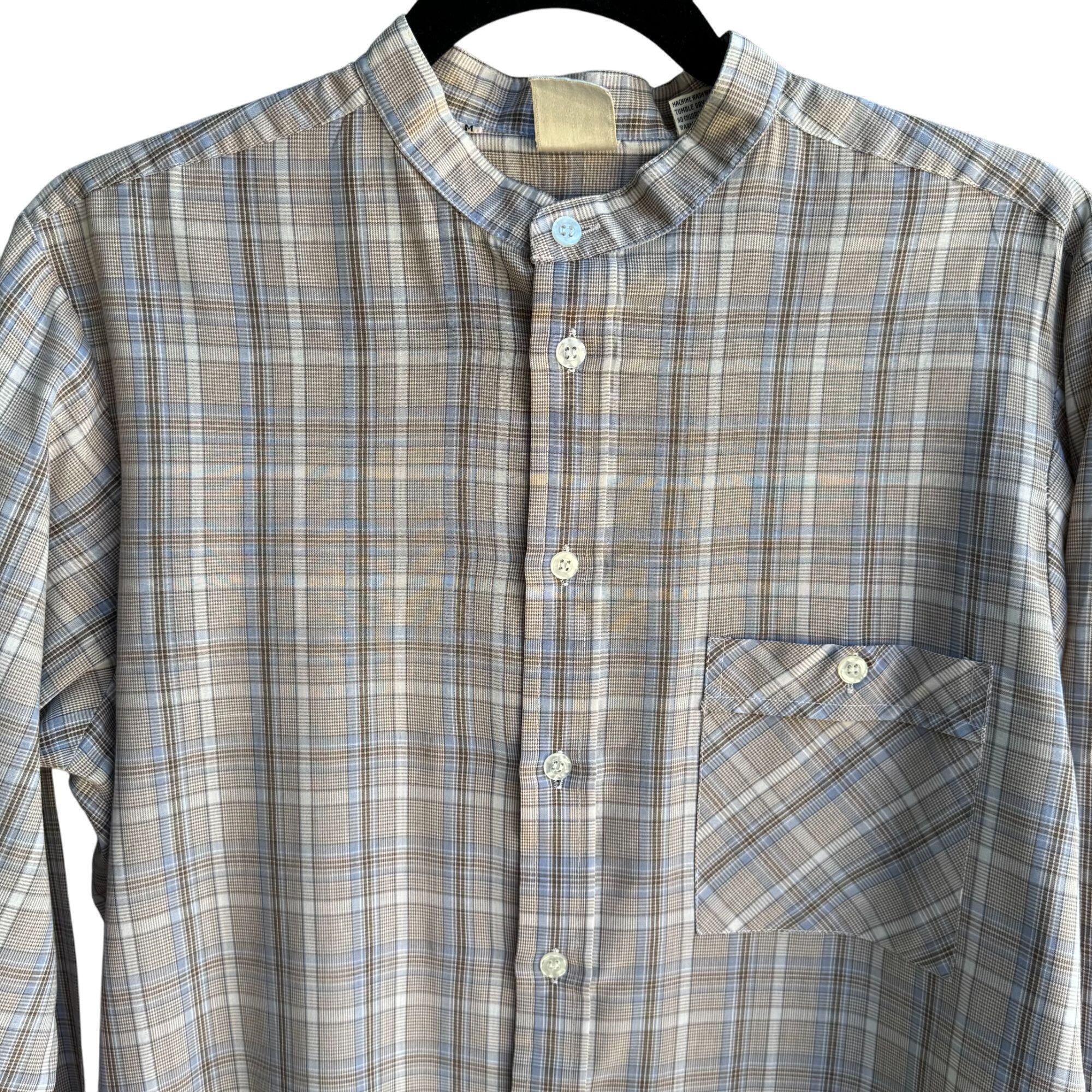 Other ESM Vintage Mens Band Collar Button-Up Blue Brown Retro Prep Size US M / EU 48-50 / 2 - 12 Thumbnail