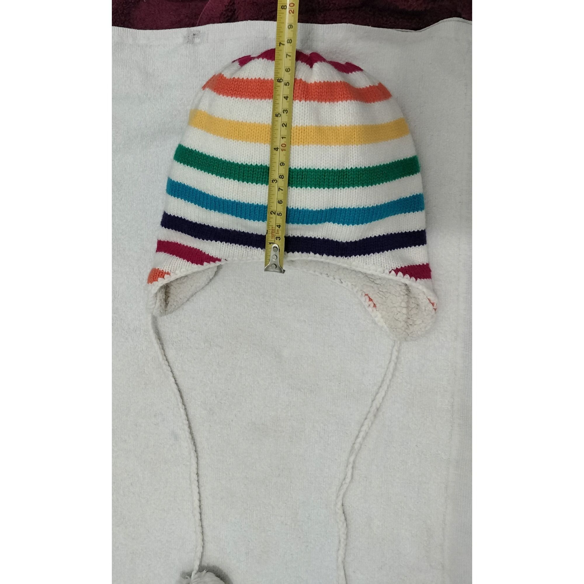Aeropostale Aeropostale Rainbow Striped Ear Flap Pom Pom Knit Hat Sherpa Size ONE SIZE - 5 Thumbnail
