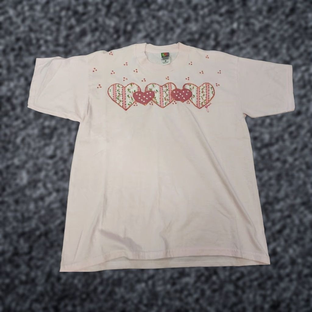 Fruit Of The Loom VINTAGE 80s 90s Heart Puff Paint T-Shirt Women Small Pink Cotton Grunge Art Retro Size L / US 10 / IT 46 - 1 Thumbnail