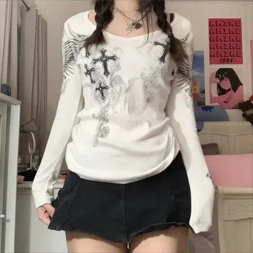 Fashion Graphic Cross Long Sleeve Crystal Top