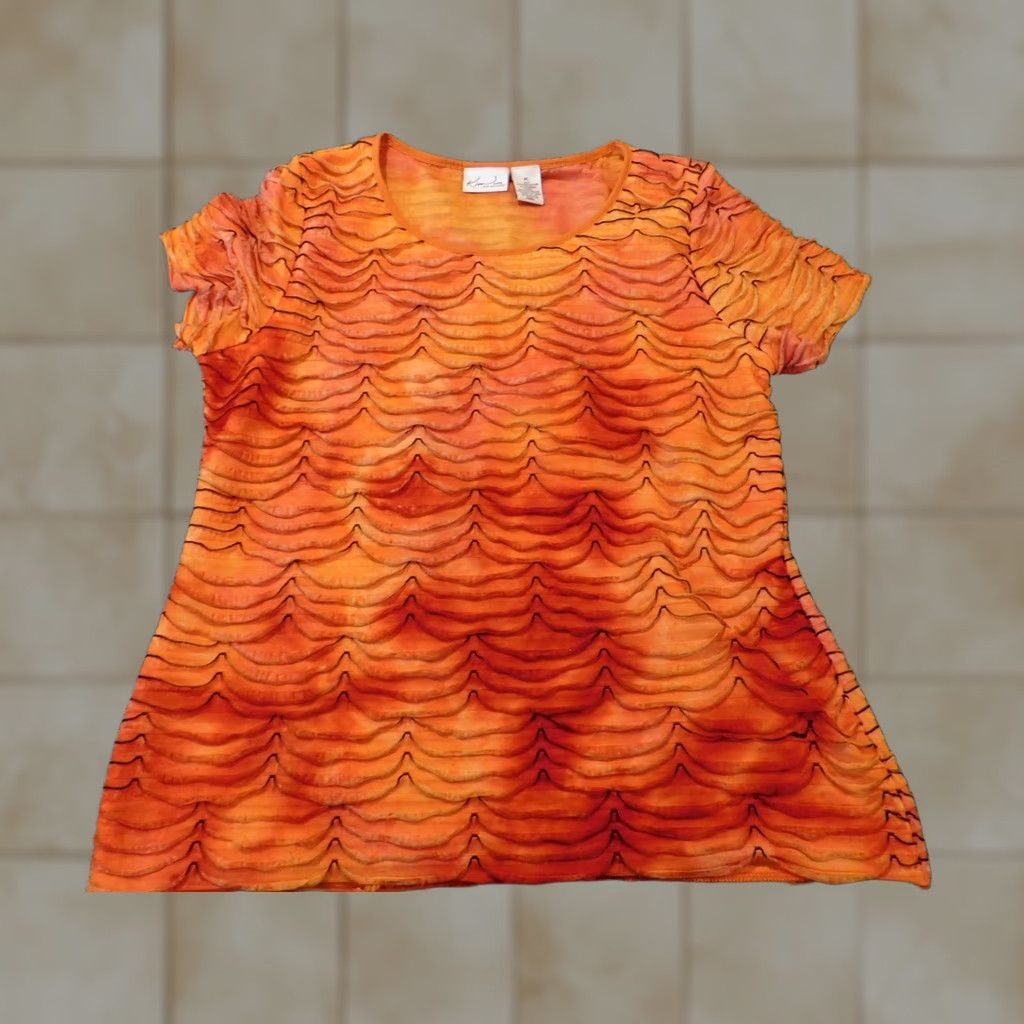 Vintage Kim Rogers Blouse Womens Petite Orange Cap Sleeve Pullover Knit Ruffle Crew Neck Casual Polyester Rayon Geometric Size L / US 10 / IT 46 - 1 Thumbnail