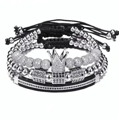 Jewelry 3pcs Silver Bead + Crown Bracelet + Zircon Stone Size ONE SIZE - 3 Thumbnail
