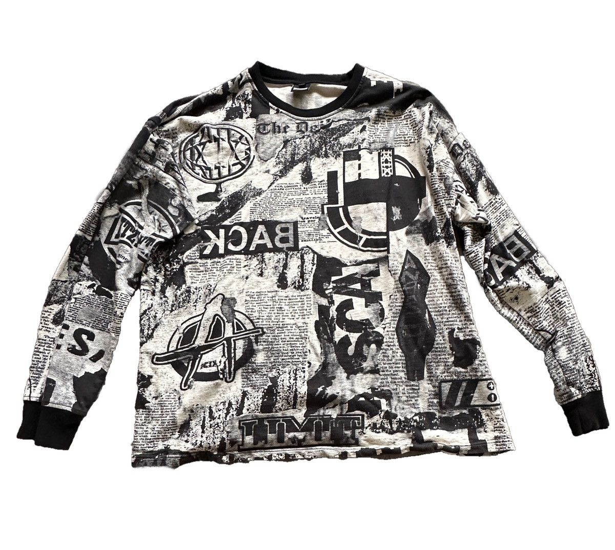 image of Kokon To Zai 2016 Newspaper Print Oversized Sweatshirt in Black/Cream, Men's (Size Medium)