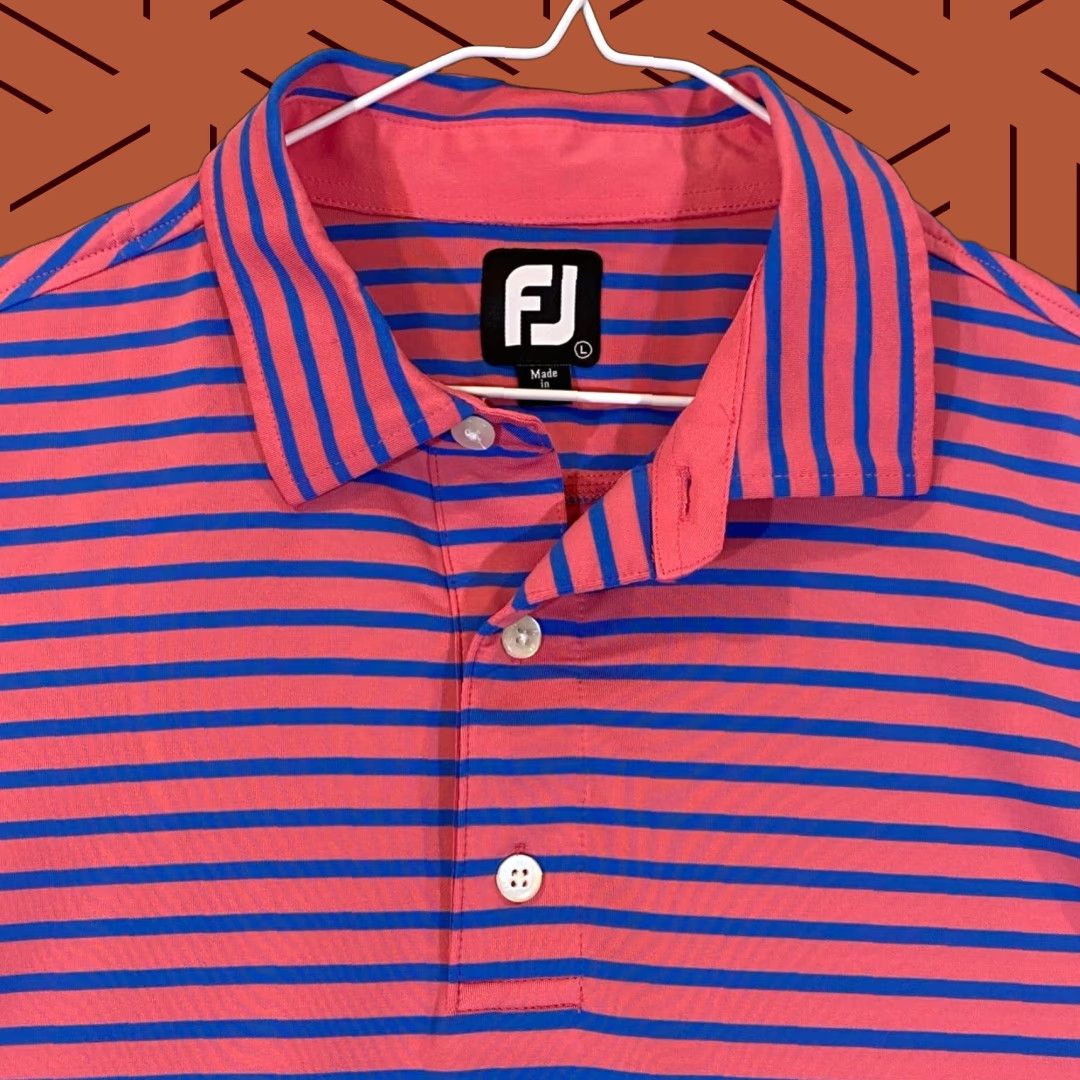 Footjoy FootJoy Polo Shirt Mens Large Pink Blue Striped Golf Performance Stretch Sport S/S Size US L / EU 52-54 / 3 - 1 Thumbnail