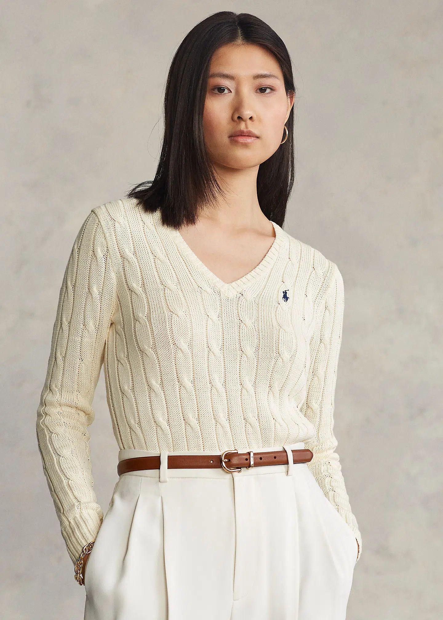 Polo Ralph Lauren Polo Ralph Lauren Kimberly Cable Knit Cream V-neck Sweater Size M / US 6-8 / IT 42-44 - 5 Thumbnail
