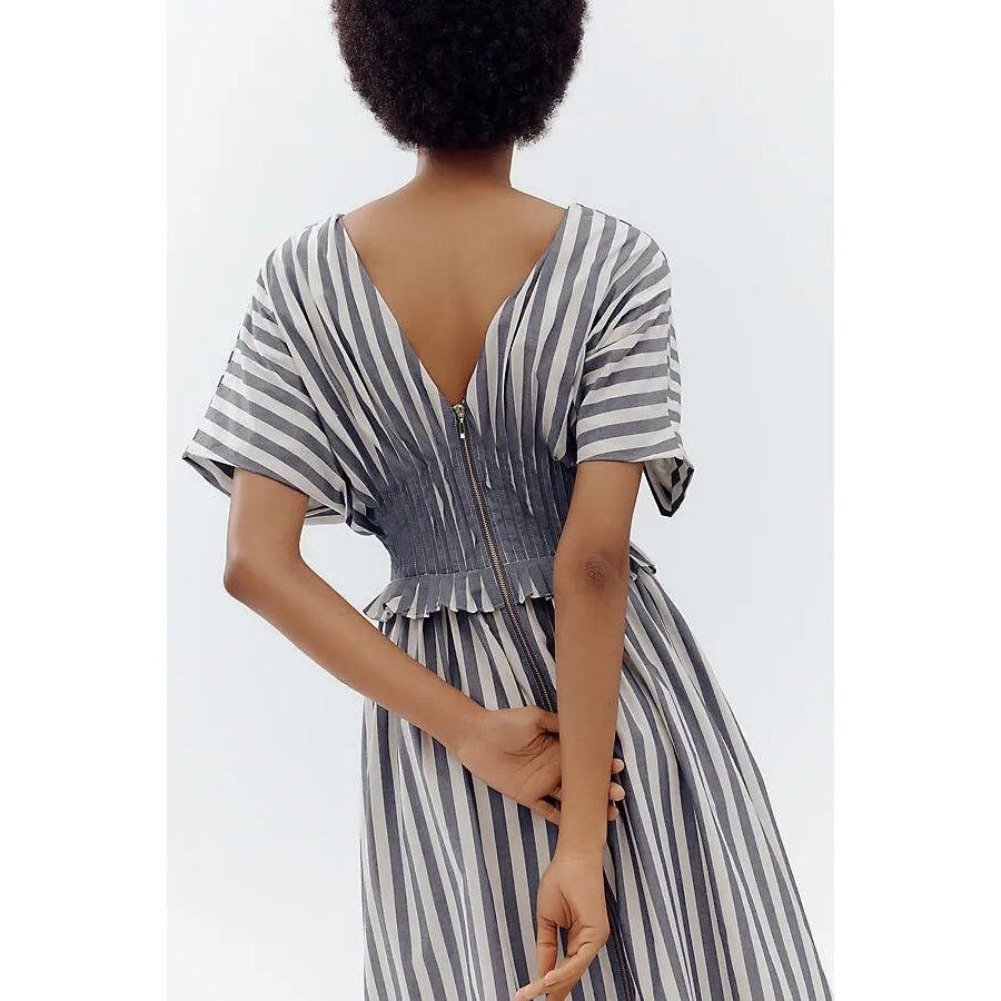 Anthropologie New V-Neck Zip-Front Midi Dress $180 X-SMALL Blue Stripe Size XS / US 0-2 / IT 36-38 - 3 Thumbnail