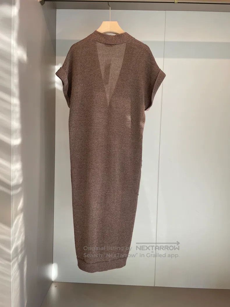 Brunello Cucinelli Brown Gold Thread Cotton Long Cardigan