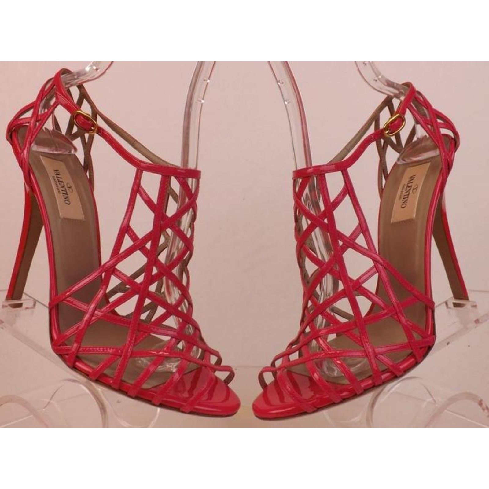 PINK PATENT LEATHER CRISSCROSS CAGE SANDALS PUMPS 36.5