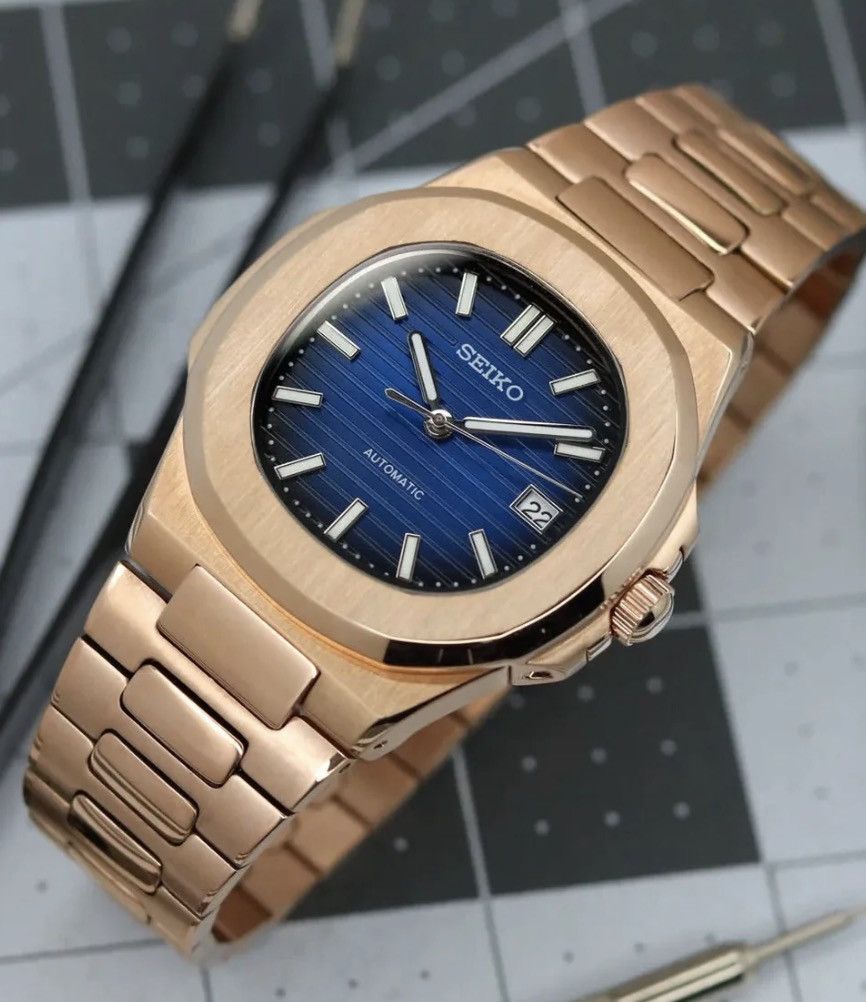 Japanese Brand Seiko Mod Nautilus Navy Blue Dial Rosegold Watch NH35 41mm Size ONE SIZE - 1 Thumbnail
