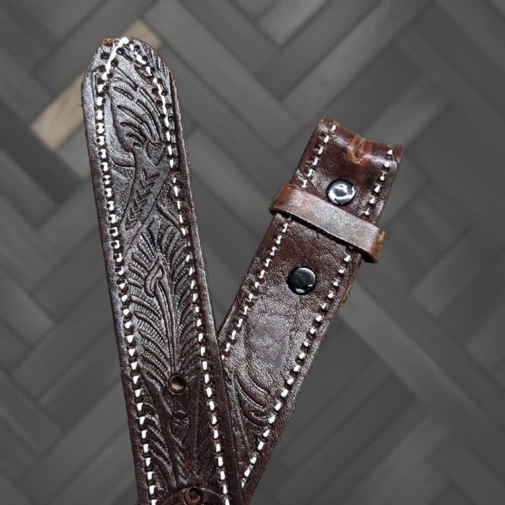 Vintage VINTAGE handcrafted western belt belt Men 34 brown floral leather cowhide buckle 1-3/8" width Size 34 - 1 Thumbnail