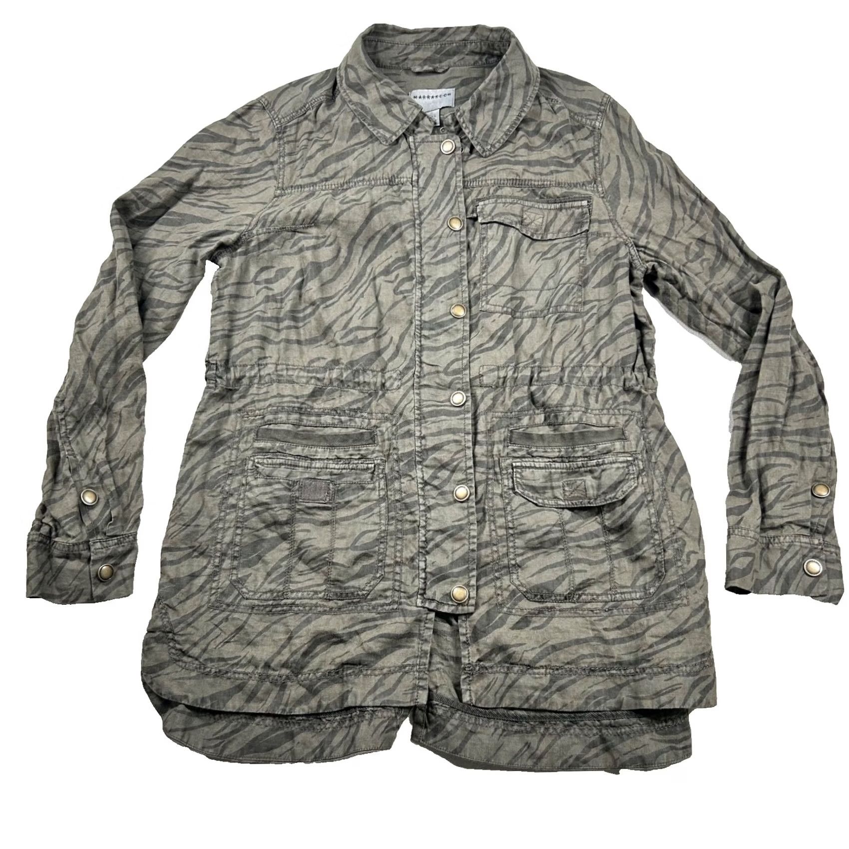 Vintage Marrakech Jacket Womens XL 100% Linen Tiger Stripe Full Zip Snap Military Jacket Army Bohemian Mens Womens Girls Boys Size XL / US 12-14 / IT 48-50 - 2 Thumbnail