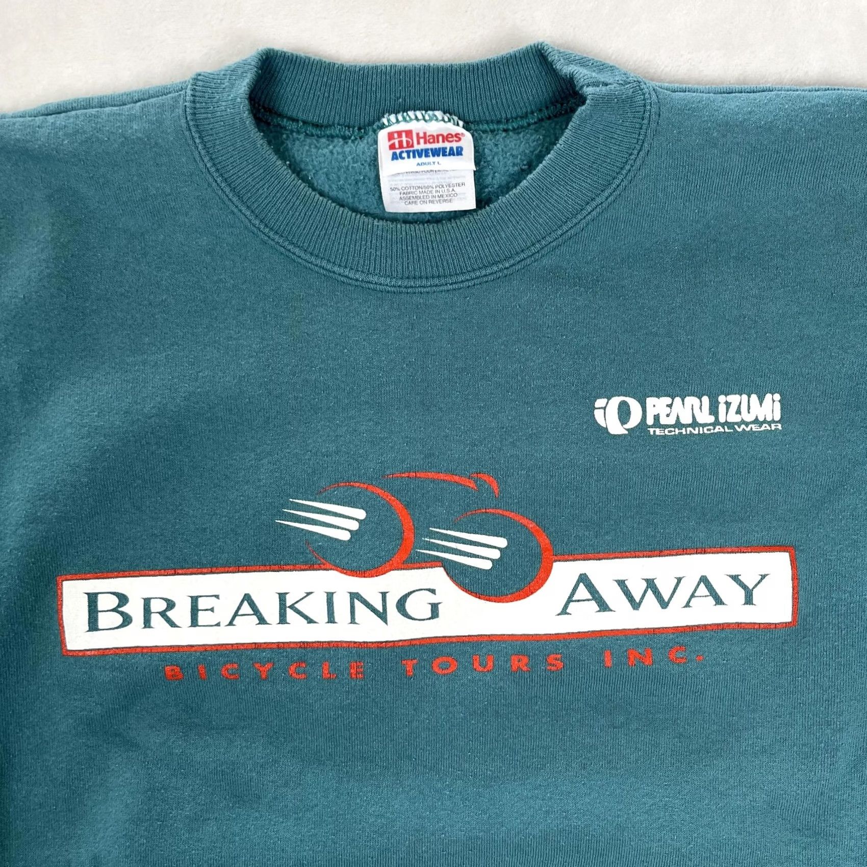 Hanes VINTAGE Pearl Izumi 1995 Sweatshirt Mens Large Green Breaking Away Cycling Hanes Crew Neck Pullover Graphic Print 90s Sports Size US L / EU 52-54 / 3 - 2 Thumbnail