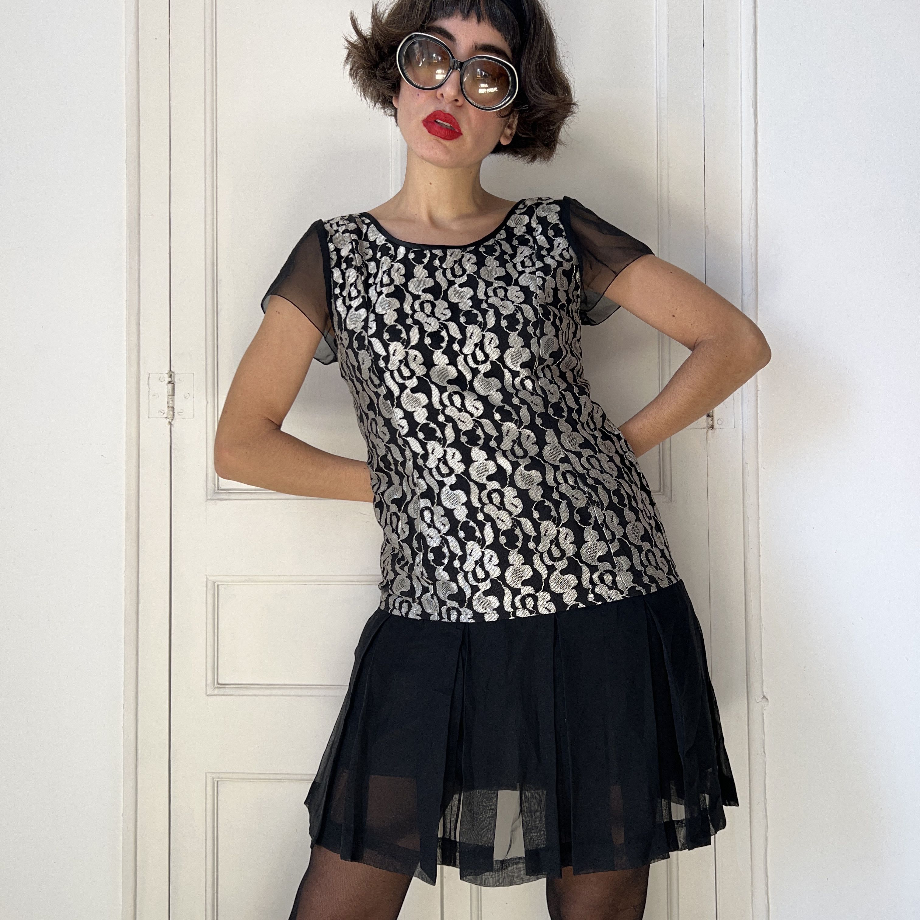 Vintage Vintage 90s Black Silver Lace Metallic Dress Size L / US 10 / IT 46 - 7 Thumbnail