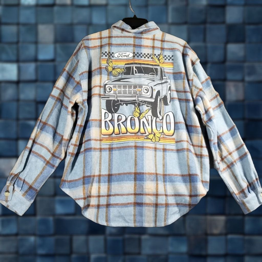VINTAGE Ford Bronco Flannel Shirt Mens Large Blue Plaid Long Sleeve Button Up Graphic