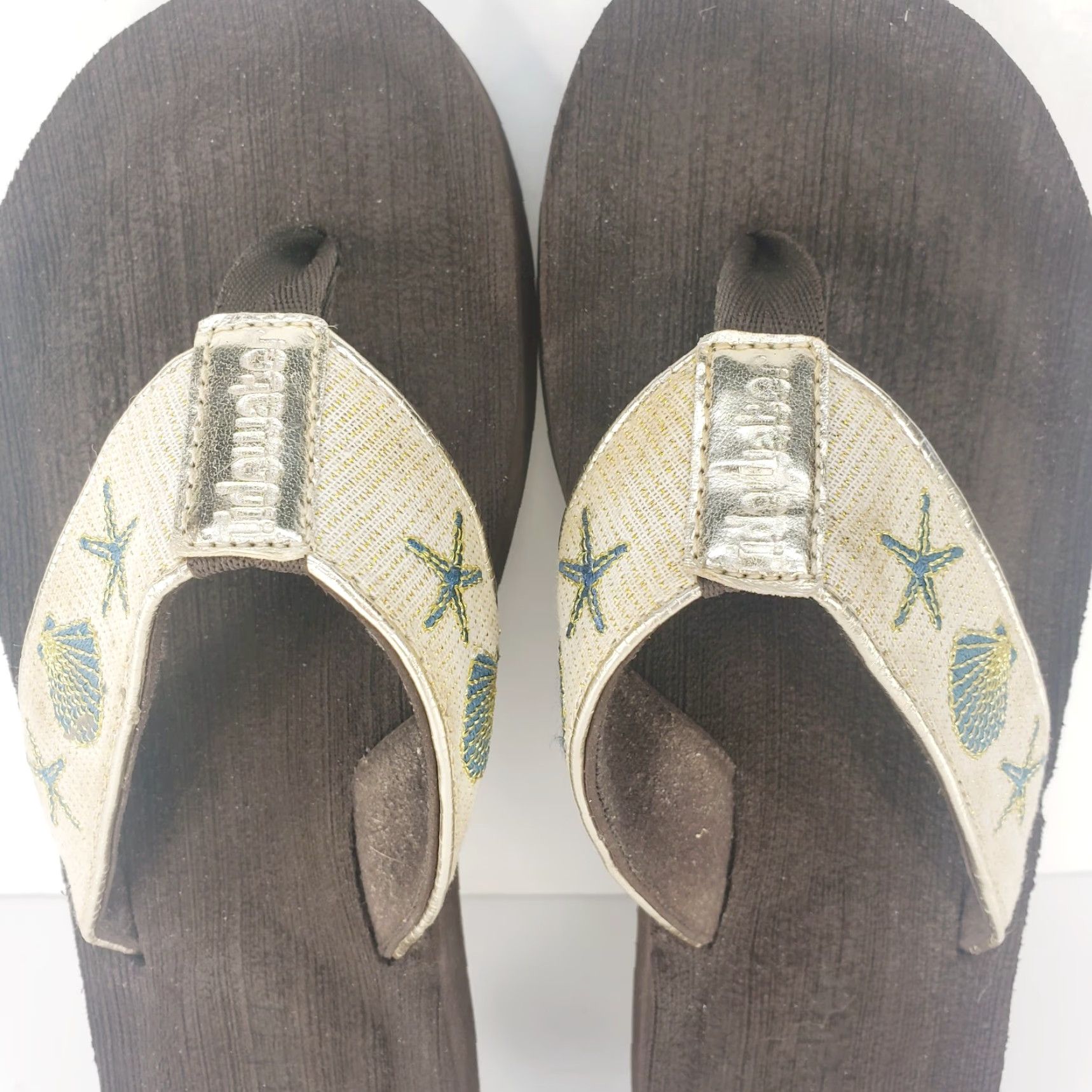 Vintage Tidewater Women's Flip Flops Thong Sandals Gold Starfish Pattern Slip On Size 6-7 Casual Beach Shoes Womens Size US 6 / IT 36 - 7 Thumbnail