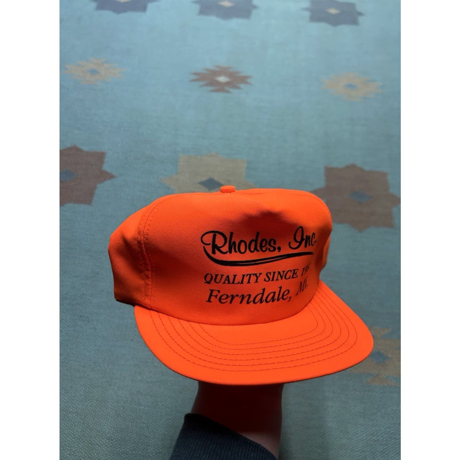 RHODE VINTAGE 80s 90s snapback hat cap Rhodes Inc blaze orange USA Adjustable Mens Hat Size 44L - 2 Thumbnail