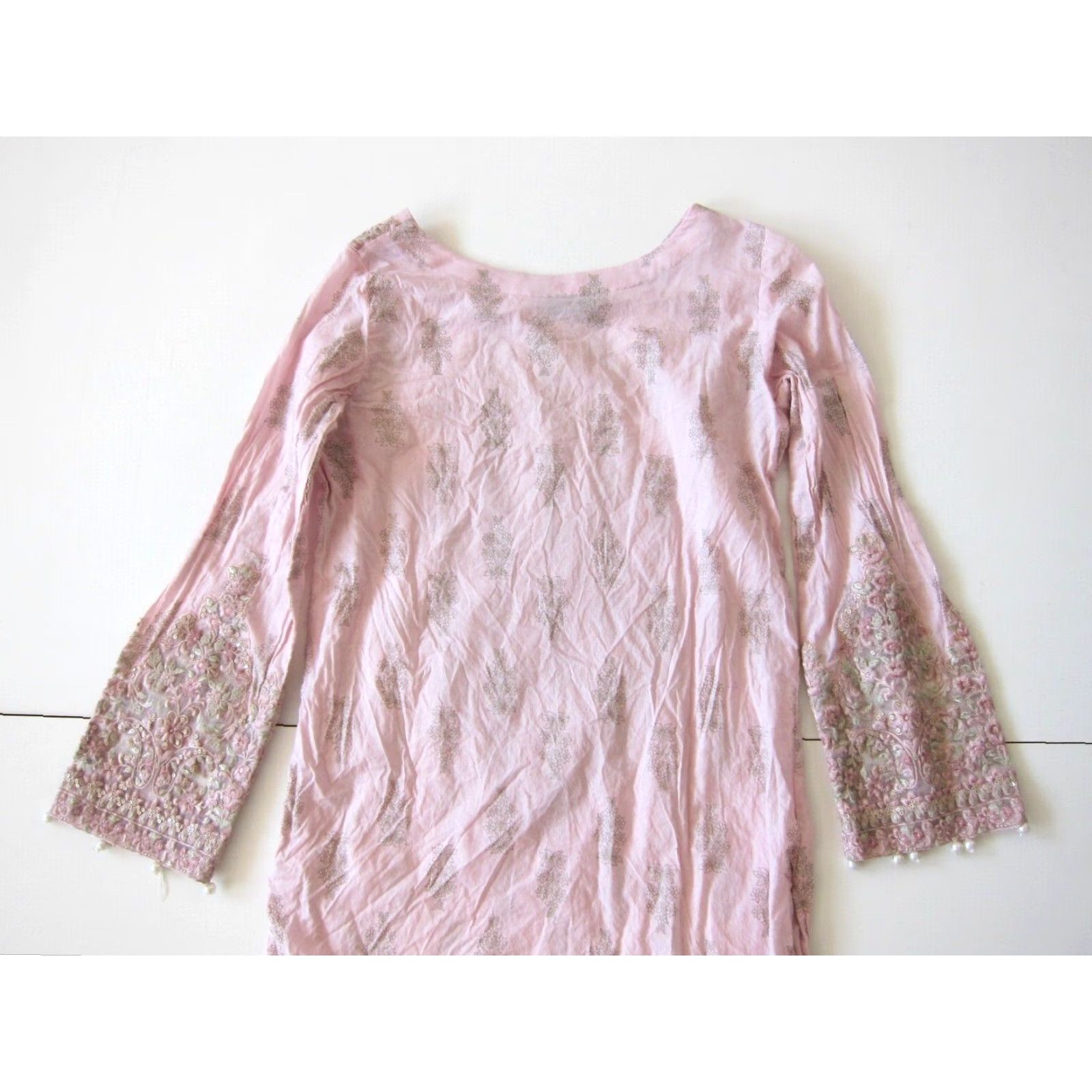 Vintage Maria B. Cotton Pink Green Embroidered Beaded Floral Long Sleeve Kurta Dress S Size S / US 4 / IT 40 - 5 Thumbnail