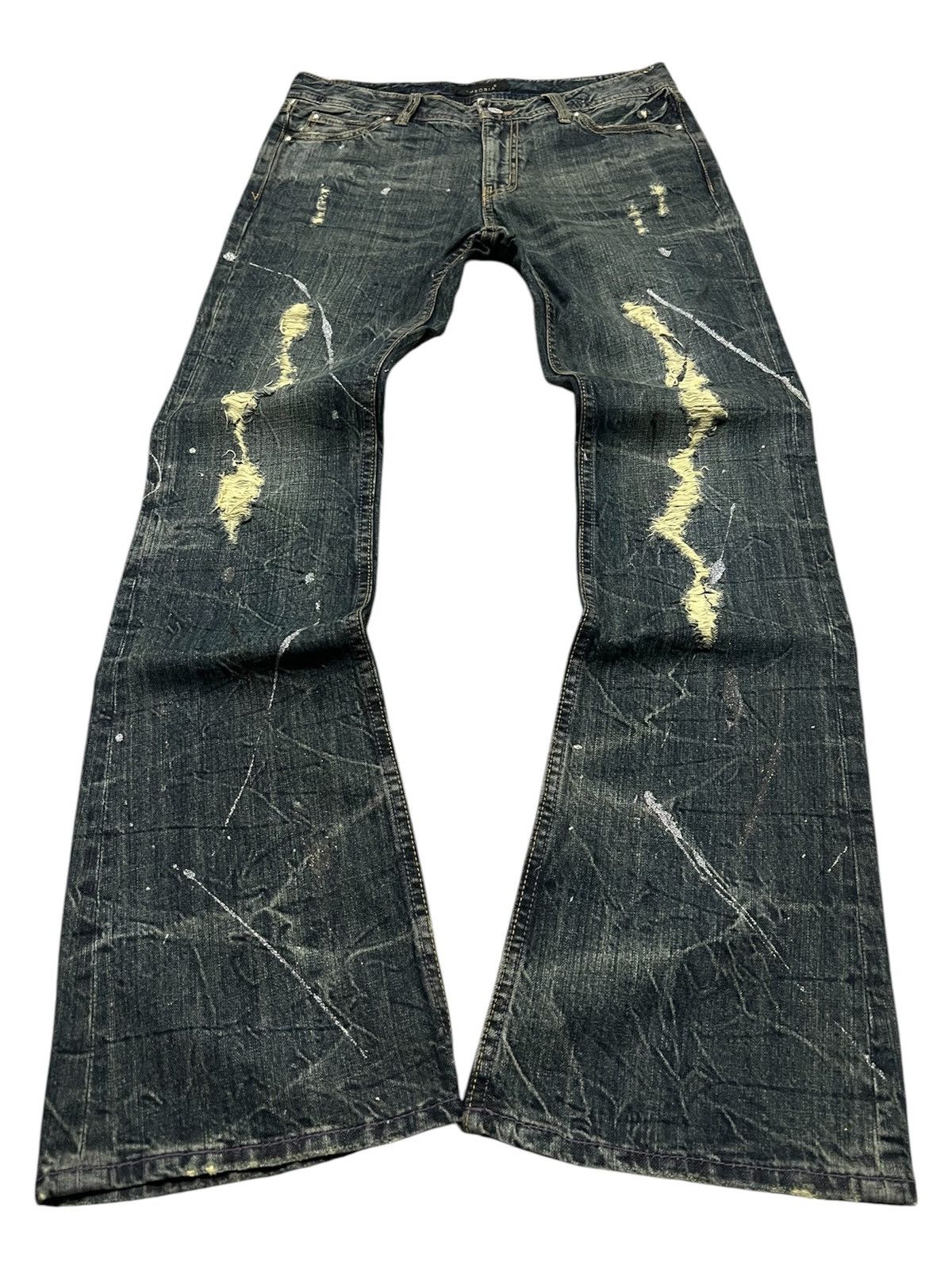 If Six Was Nine × Le Grande Bleu (L.G.B.) × Tornado Mart Theoria Mudwash Distressed Splatter Flared Denim Size US 30 / EU 46 - 1 Thumbnail