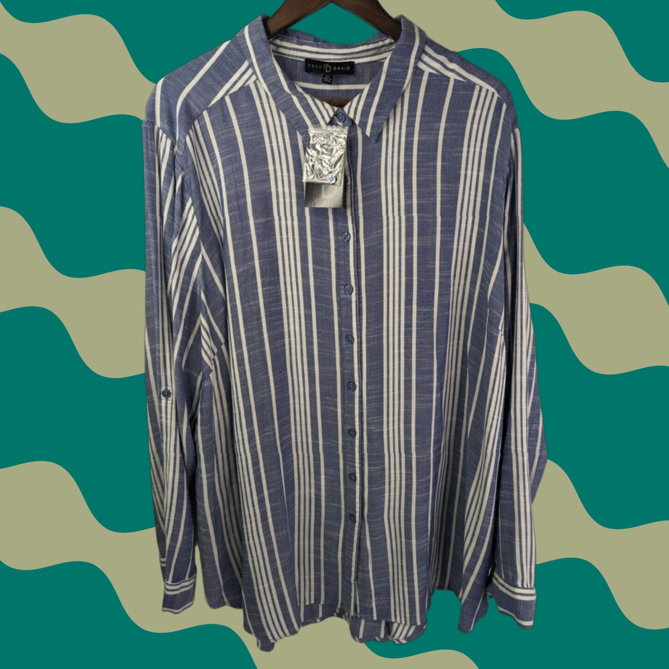 FRED Fred David Blouse Shirt 3X Womens Long Sleeve Striped Blue NWT Rayon Spandex Plus Size Size XXL / US 16-18 / IT 52-54 - 1 Thumbnail
