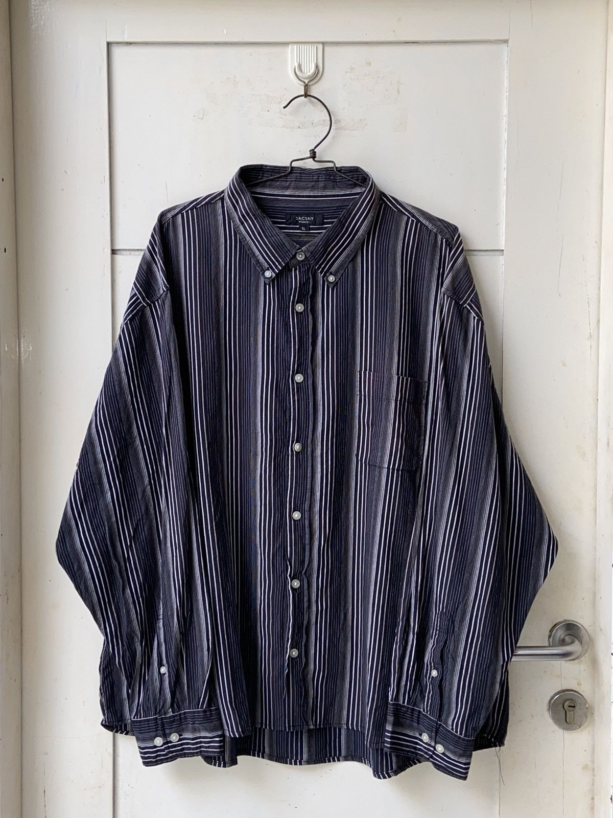 image of Yohji Yamamoto Sacsny Y’Saccs Navy Striped Boxy Crop Shirt, Men's (Size 2XL)