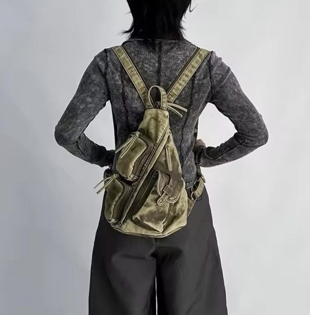 Japanese Brand Soft Washed Leather Multi-pocket Bagpack Slingbag Size ONE SIZE - 1 Thumbnail