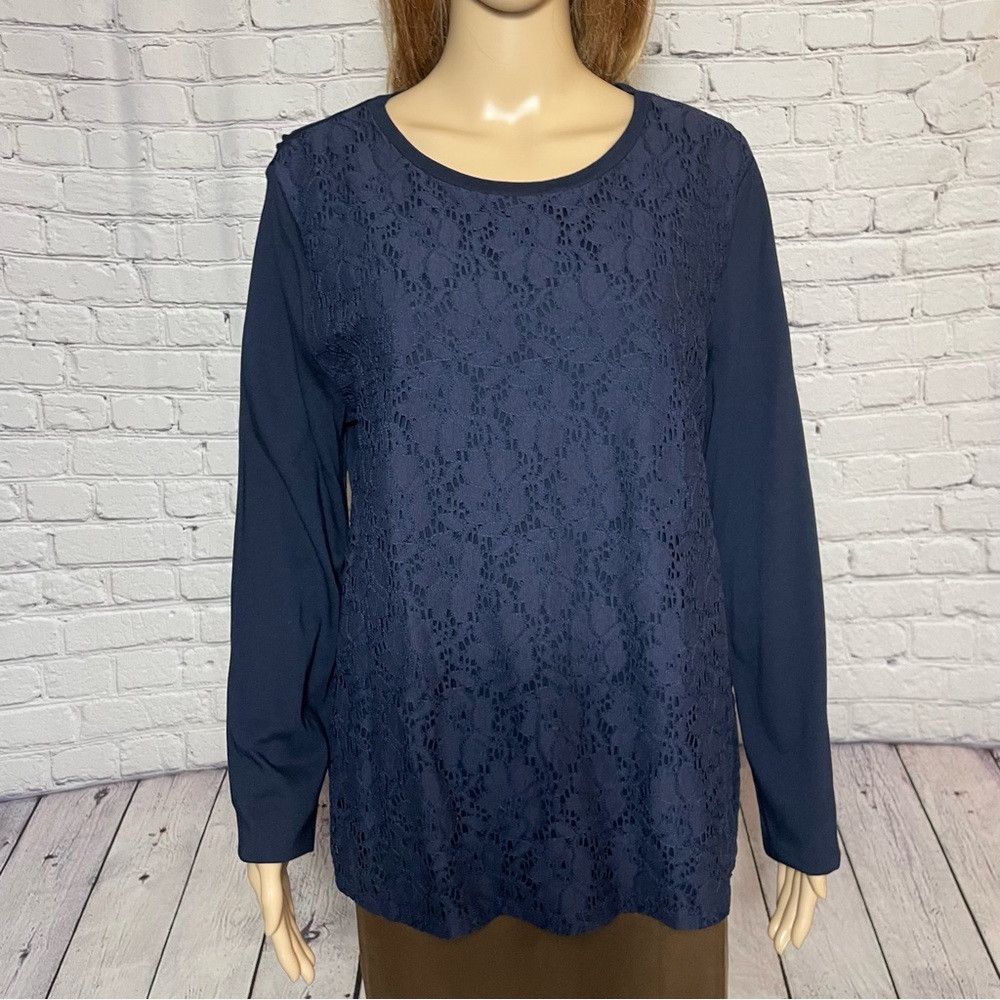Talbots NWT New Talbots Navy Lace Front Long Sleeve Cotton Top Size Size XL / US 12-14 / IT 48-50 - 2 Thumbnail