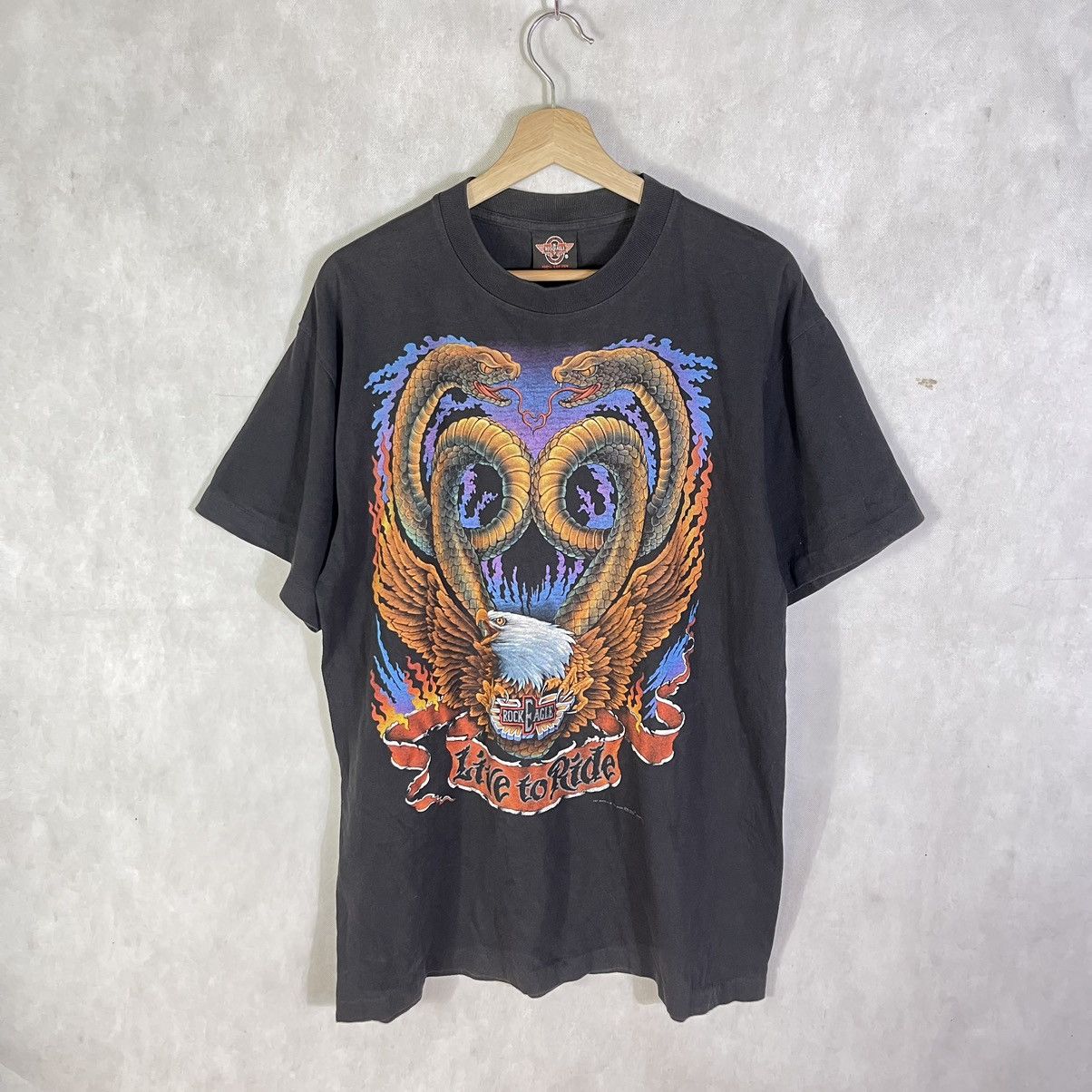 Vintage 90s Rock Eagle Snake Flame Live To Ride Tee