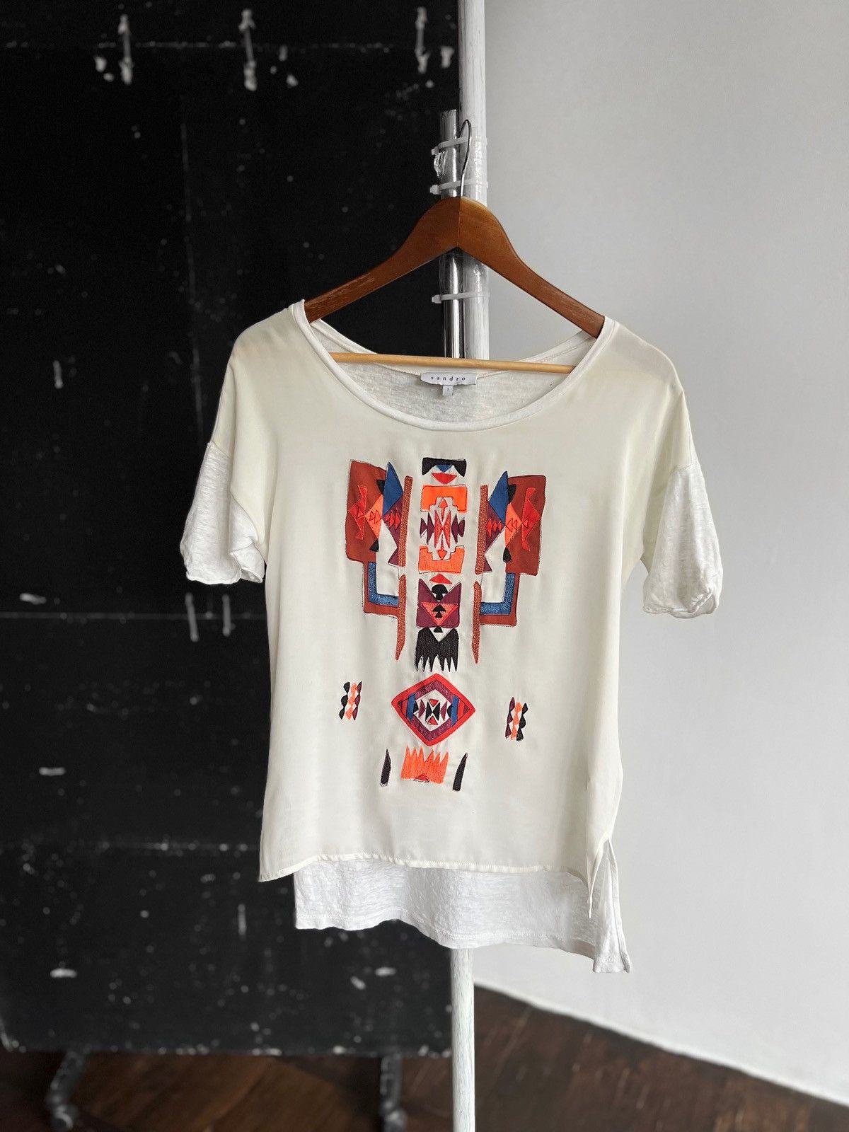 Sandro Sandro Paris Womens Linen Short Sleeve T-Shirt Blouse Aztec Size S / US 4 / IT 40 - 1 Thumbnail