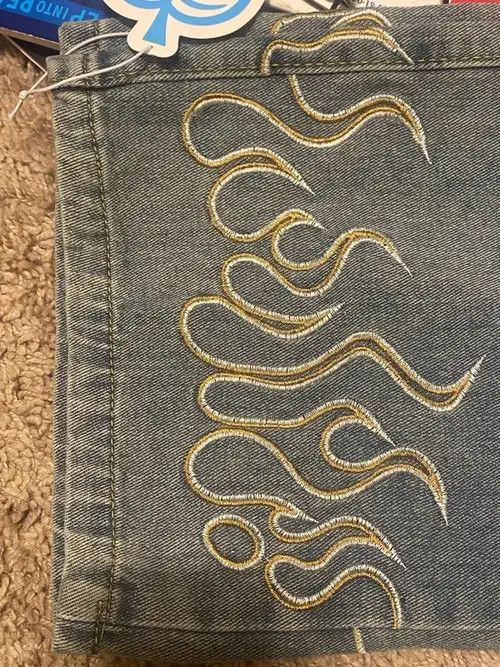 Jean Loose Straight Jeans Fire Embroidery Size US 34 / EU 50 - 3 Thumbnail