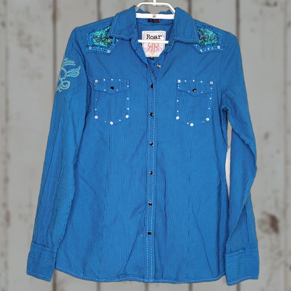 Roar Roar Western Top - Women - Button-Up Collared Long Sleeve - Size M - Blue Black Stripe - Pockets - Lightweight Cotton Size M / US 6-8 / IT 42-44 - 1 Thumbnail