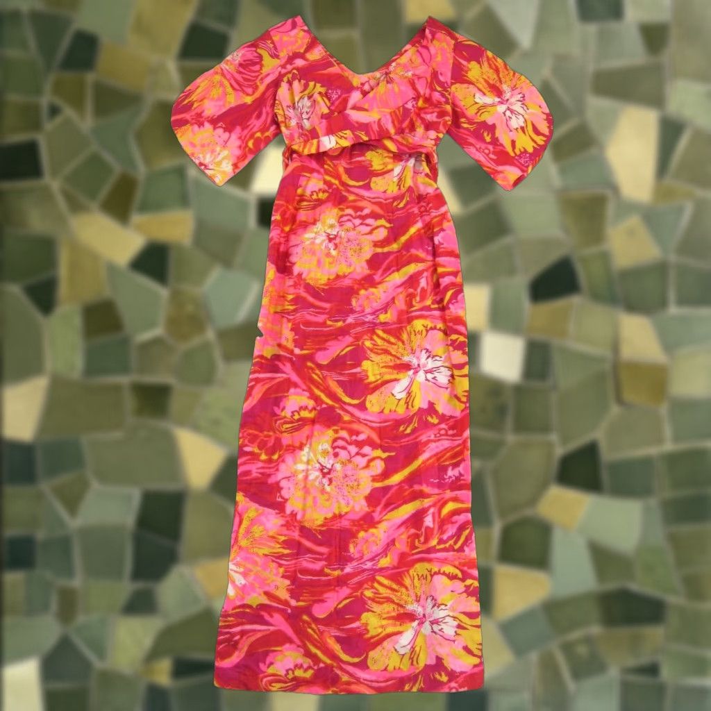 Vintage Vtg Royal Hawaiian Floral Maxi Dress Flare Short Sleeve XS Pink Floral Vintage Dress 1960s 70s Womens Royal Hawaiian Dress Size 26" / US 2 / IT 38 - 1 Thumbnail