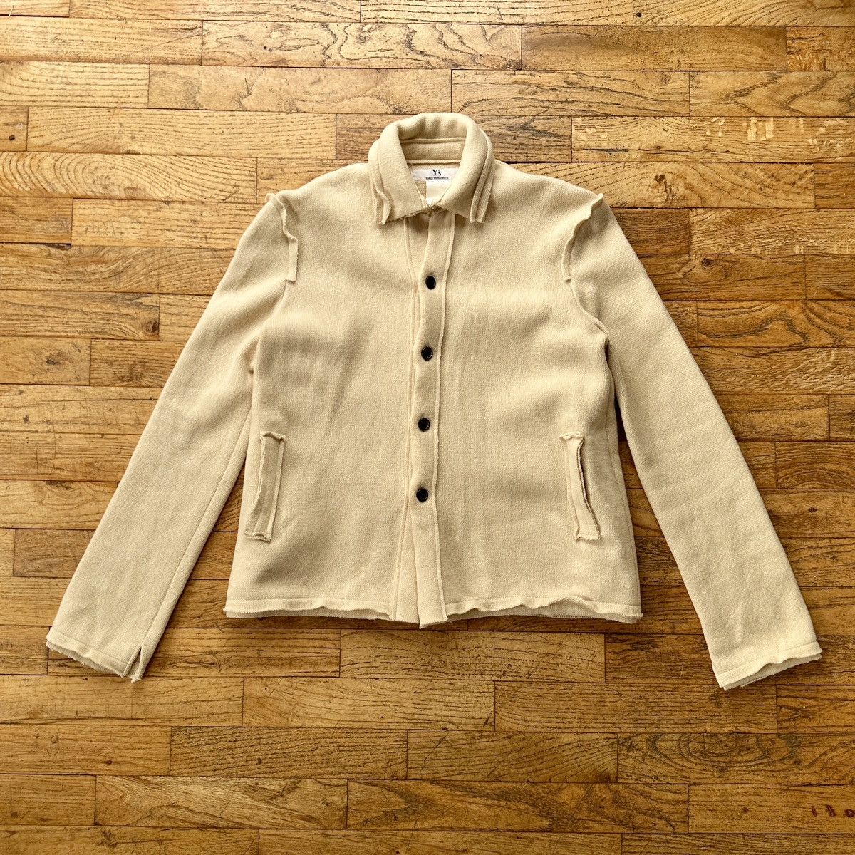 image of Yohji Yamamoto x YS Yohji Y’S Raw Hem Cropped Cardigan Shirt Sweater in Beige, Men's (Size Small)