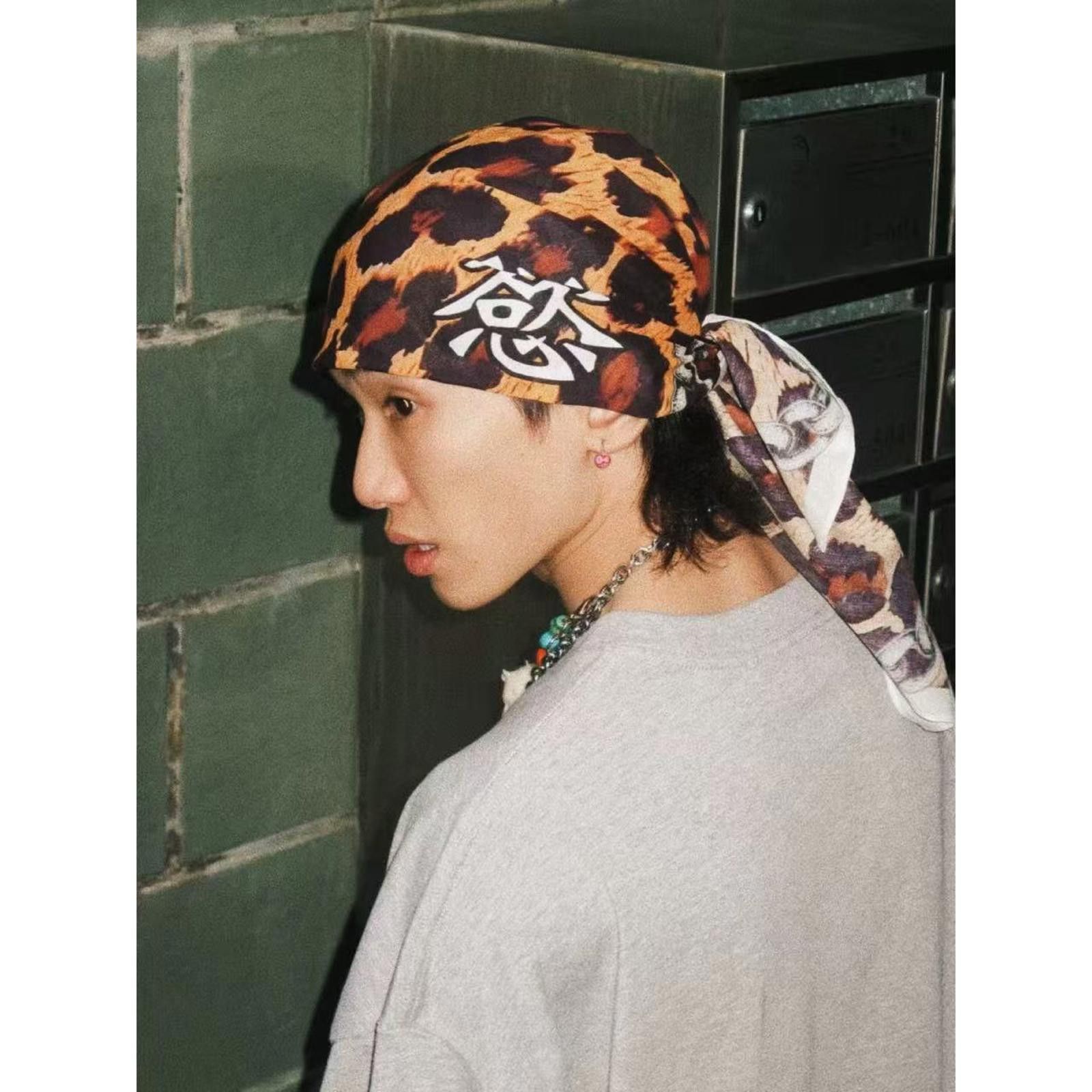 Japanese Brand Y2k Leopard Print Scarf Bandana Chain Border Chinese “Yù” Size ONE SIZE - 3 Thumbnail