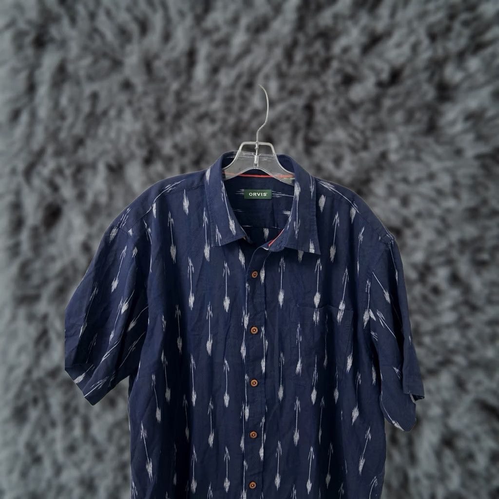 Orvis Orvis Shirt Mens XL Blue Cotton Button-Down Ikat Short Sleeve S/S Geometric Collared Pockets Lightweight Breathable Casual Travel Vintage No Size US XL / EU 56 / 4 - 1 Thumbnail