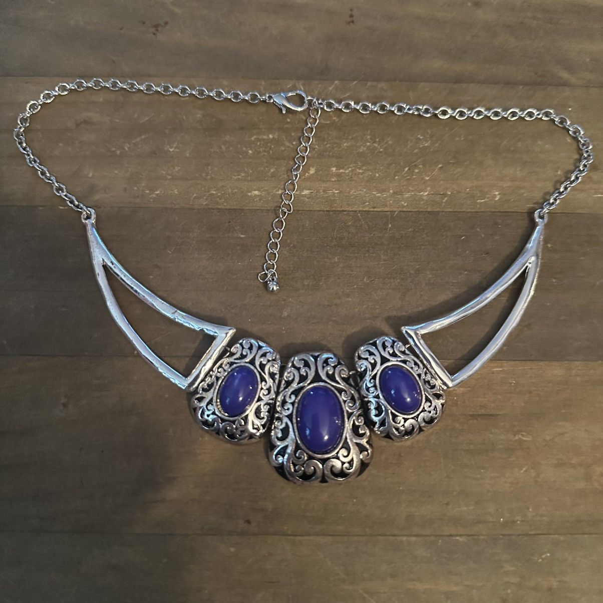 Other Silver tone ornate blue cabochon stone statement necklace Size ONE SIZE - 2 Thumbnail