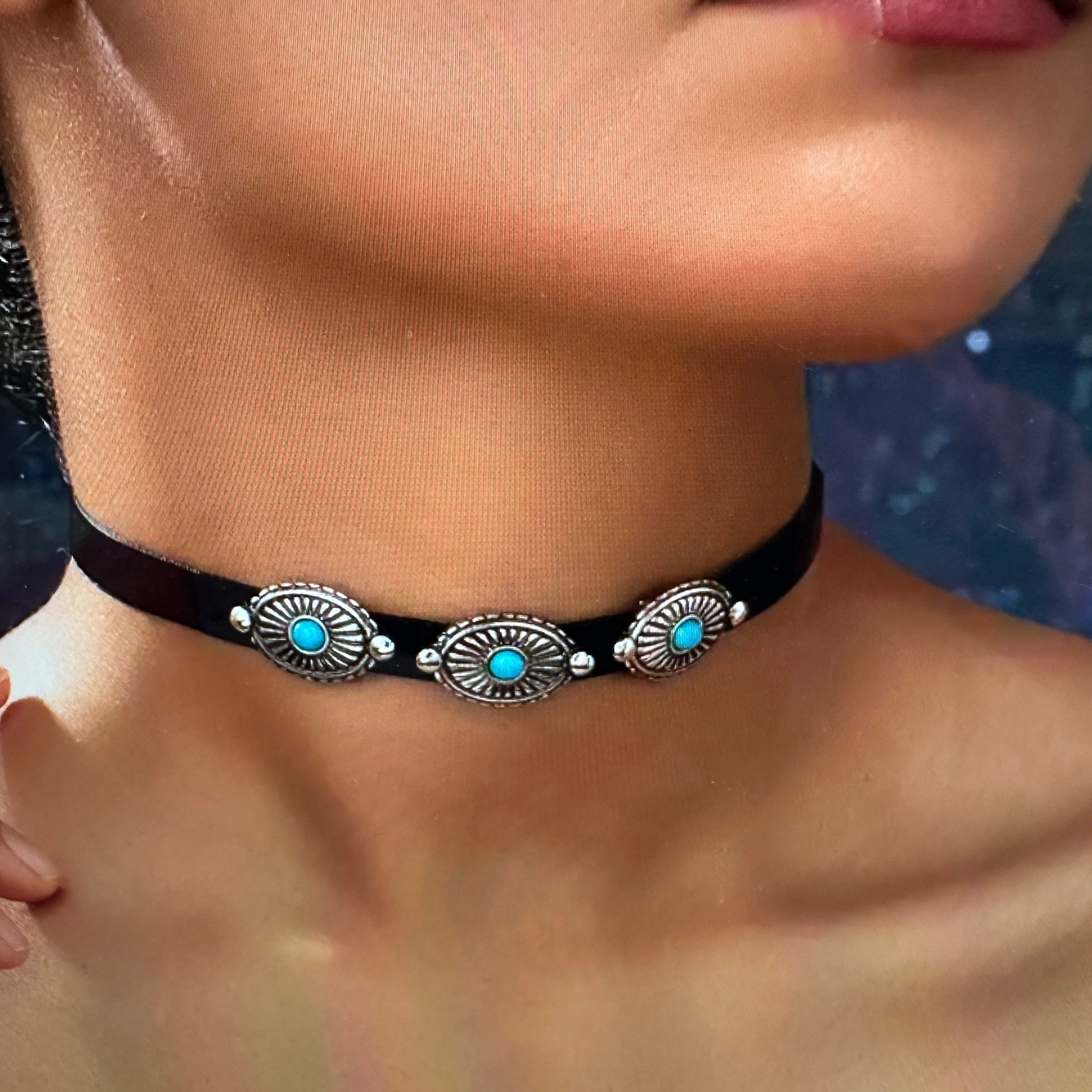 Other Turquoise Concho Choker Necklace with Black Velvet - Boho We Size ONE SIZE - 8 Thumbnail