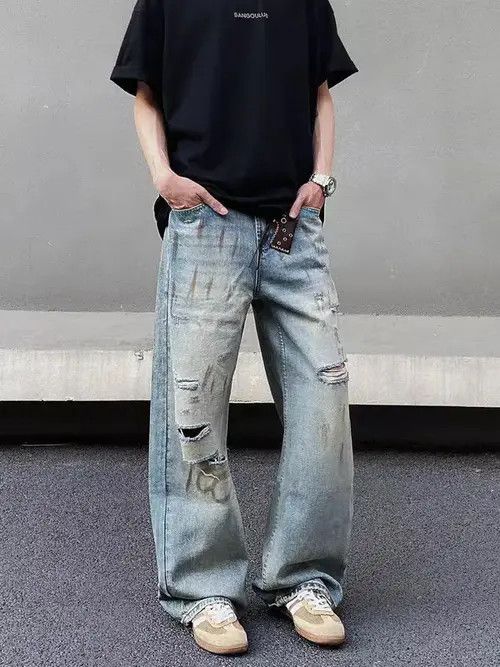 Jean Vintage dirty-dyed graffiti ripped baggy jeans Size US 34 / EU 50 - 5 Thumbnail