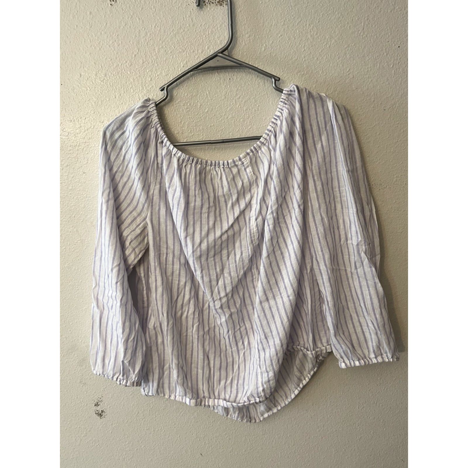 Gap GAP Blouse Womens Medium White Purple Stripe Off Shoulder Peasant Long Sleeve Shirt Womens M Multicolor Rayon Cotton Size M / US 6-8 / IT 42-44 - 3 Thumbnail