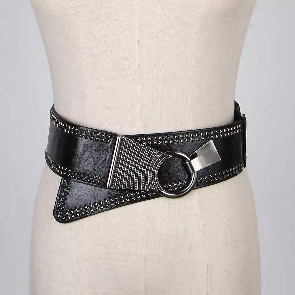 Japanese Brand × Leather PU Leather Punk Elastic Gothic Rivets Wide Cinch Belt Size ONE SIZE - 1 Thumbnail
