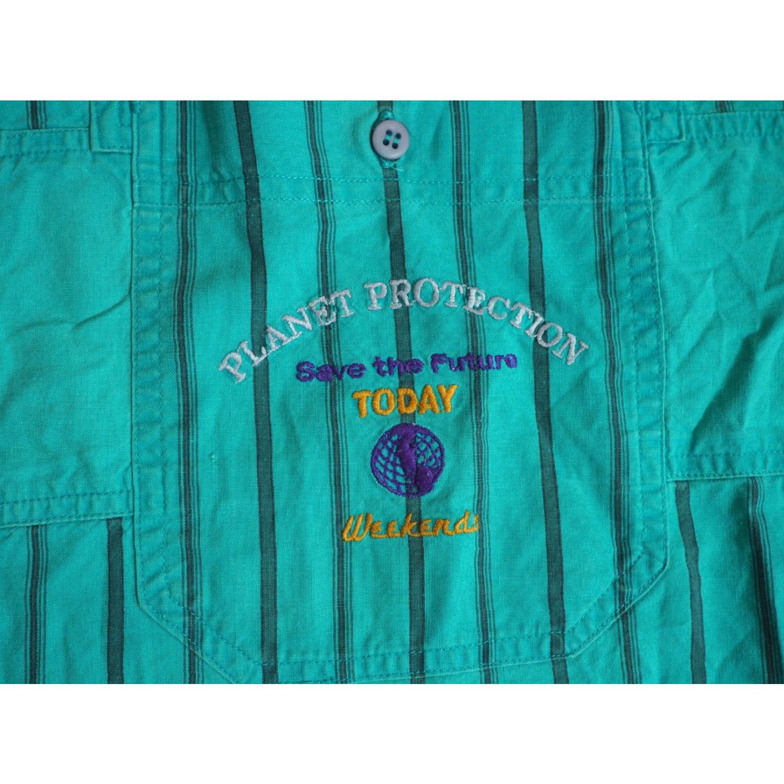 Vintage VTG 90s Weekends Eco Activism Protest Earth Faded Blue Striped Button Shirt L Size US L / EU 52-54 / 3 - 4 Thumbnail