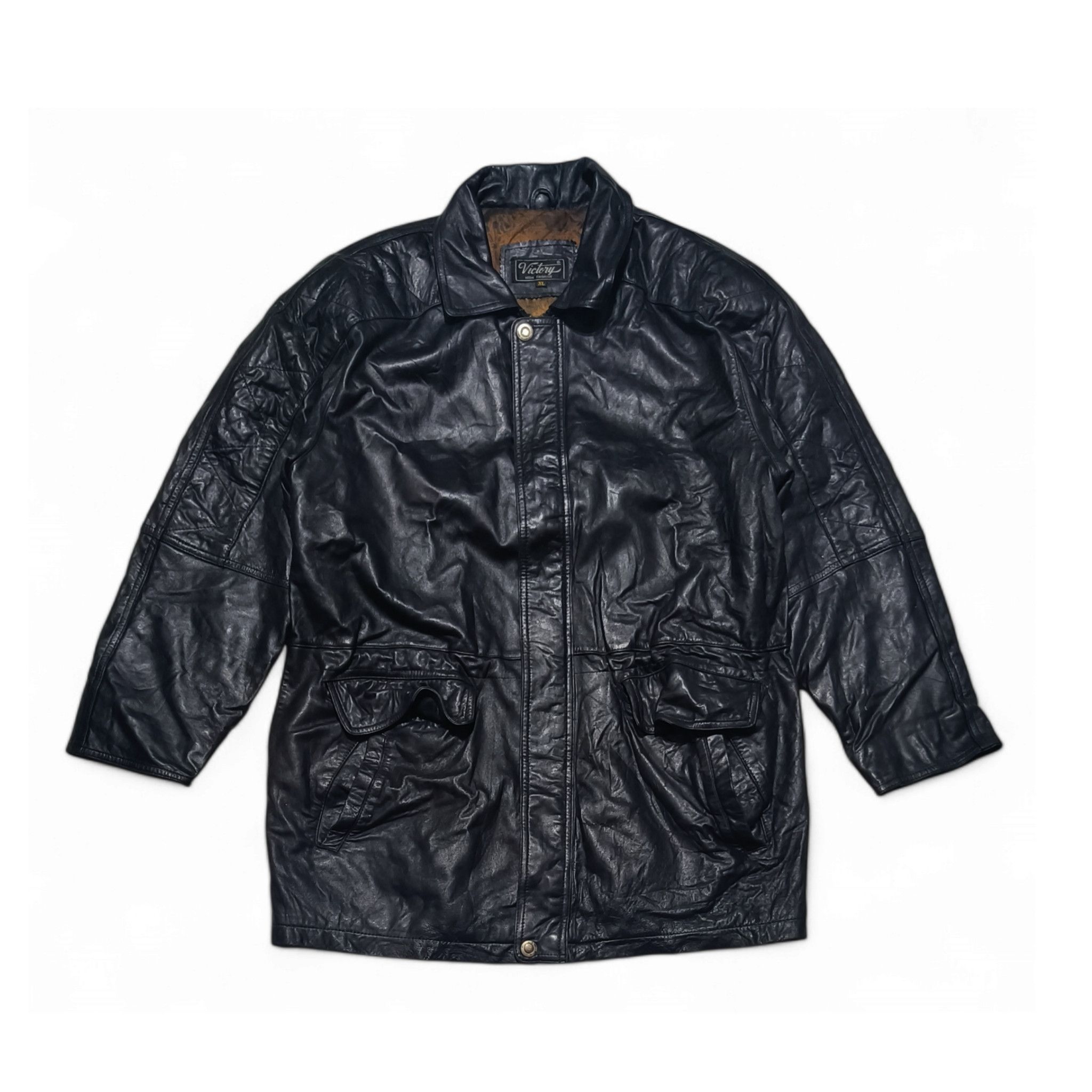 Vintage Vintage Y2K VICTORY Black Genuine Leather Long Coat Jacket Size US XL / EU 56 / 4 - 1 Thumbnail